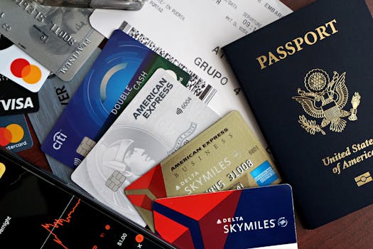 A collection of travel essentials including a passport, credit cards, and a boarding pass. Ideal for travel and finance concepts.