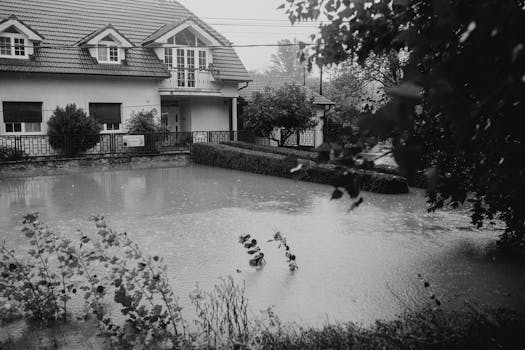 Black and white image of a suburban house affected by flooding during heavy rain.